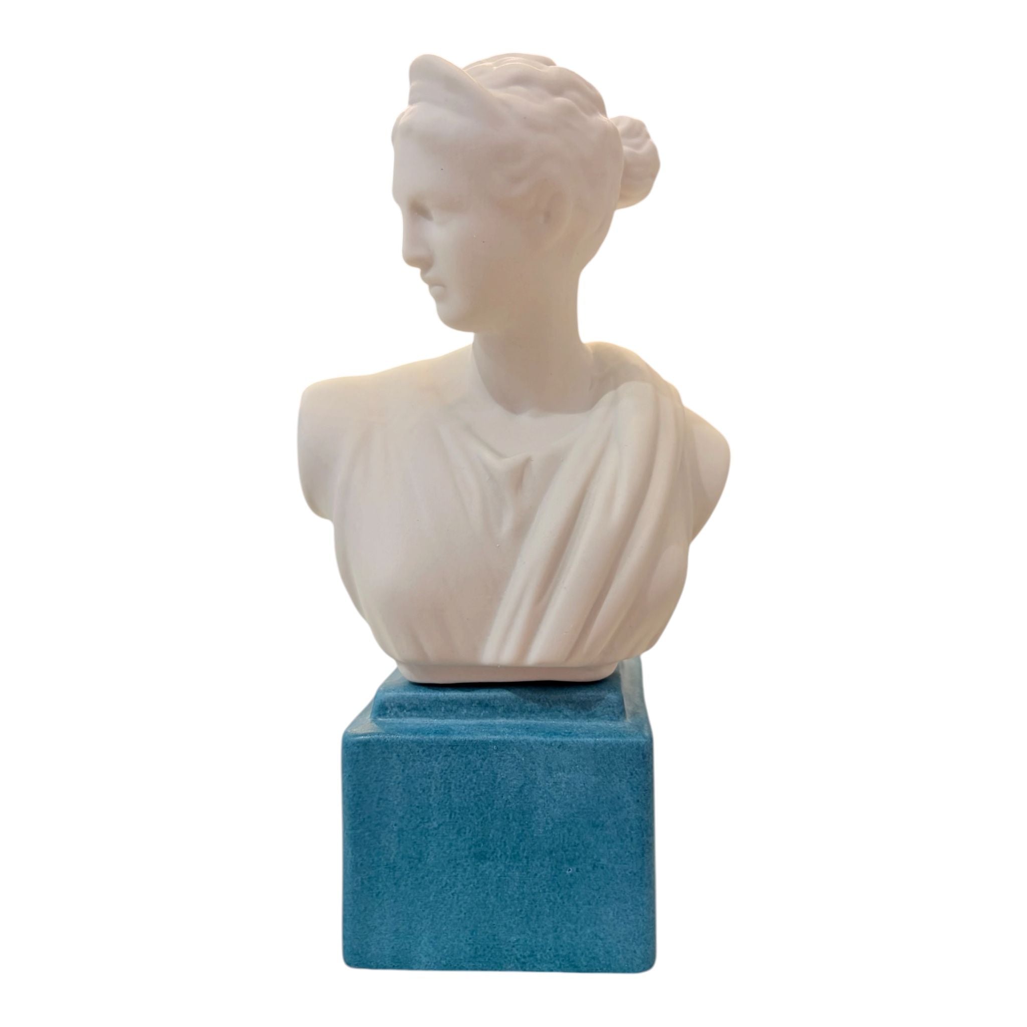 Busto di Diana in Porcellana Bianca con Base Azzurra 21 cm - Porcellane Sbordone