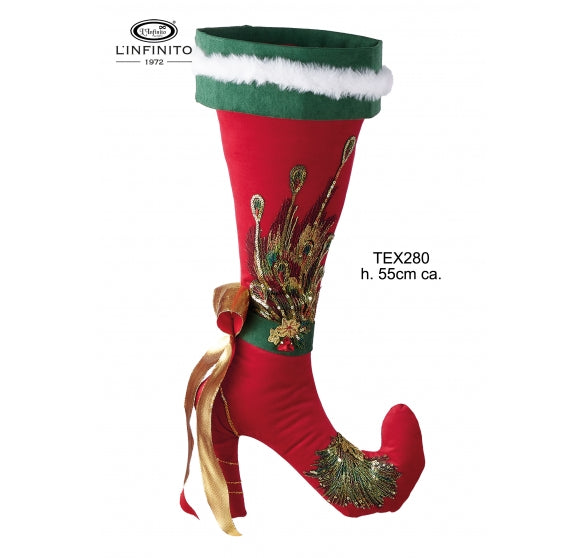 Calza della Befana in Velluto Rosso e Verde con Tacco e Pizzi 55 cm - L'Infinito