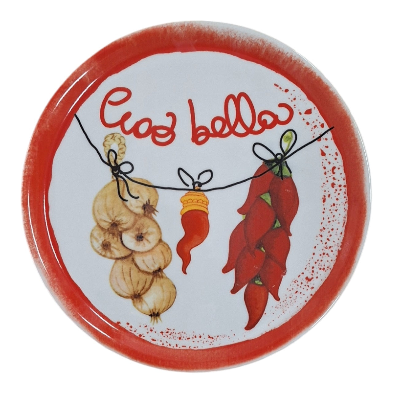 Piatto Pizza in Porcellana con Decoro Rosso e Frase "Ciao Bella" – Rose e Tulipani