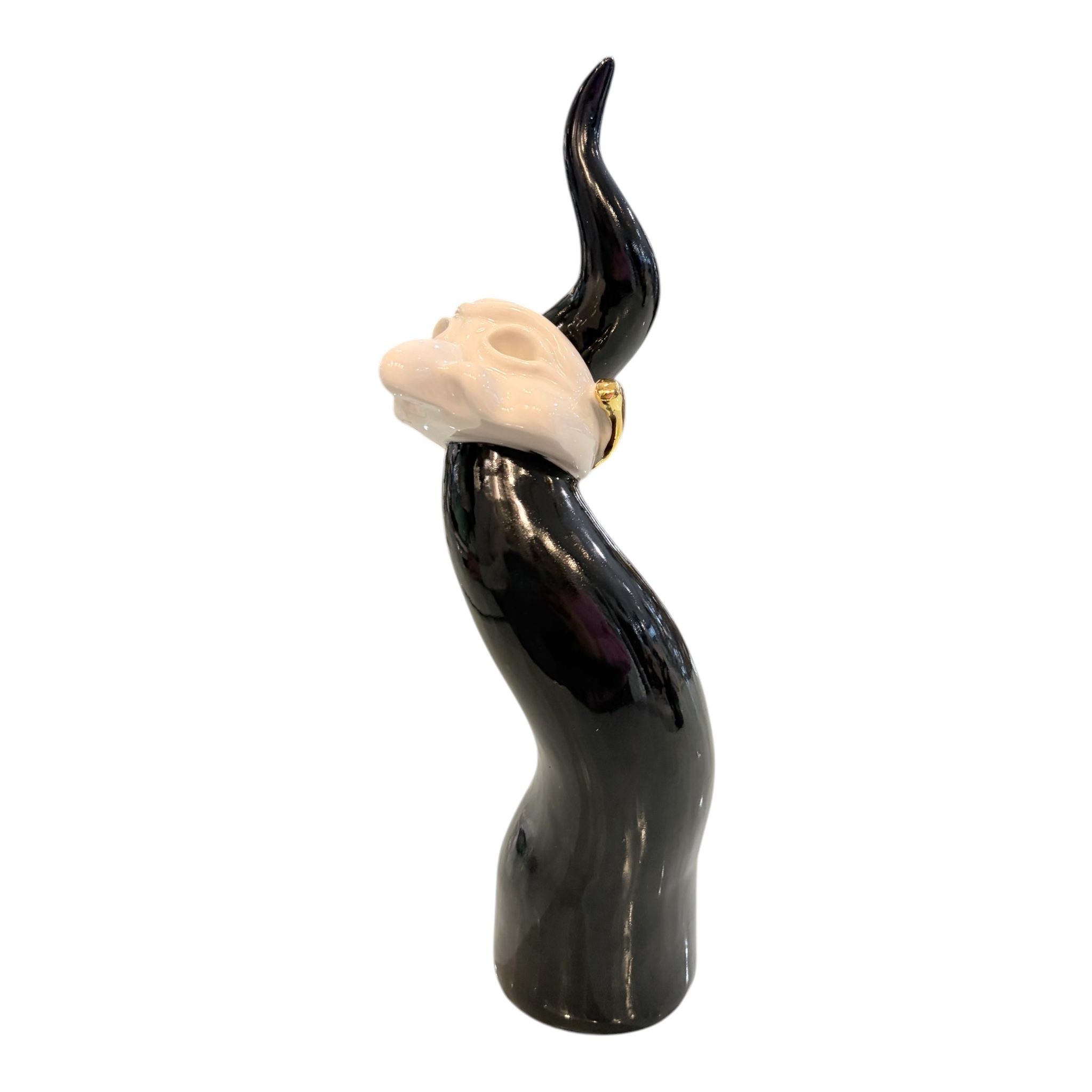 Corno in Porcellana Nera con Decori Oro 27 cm - Porcellane Sbordone