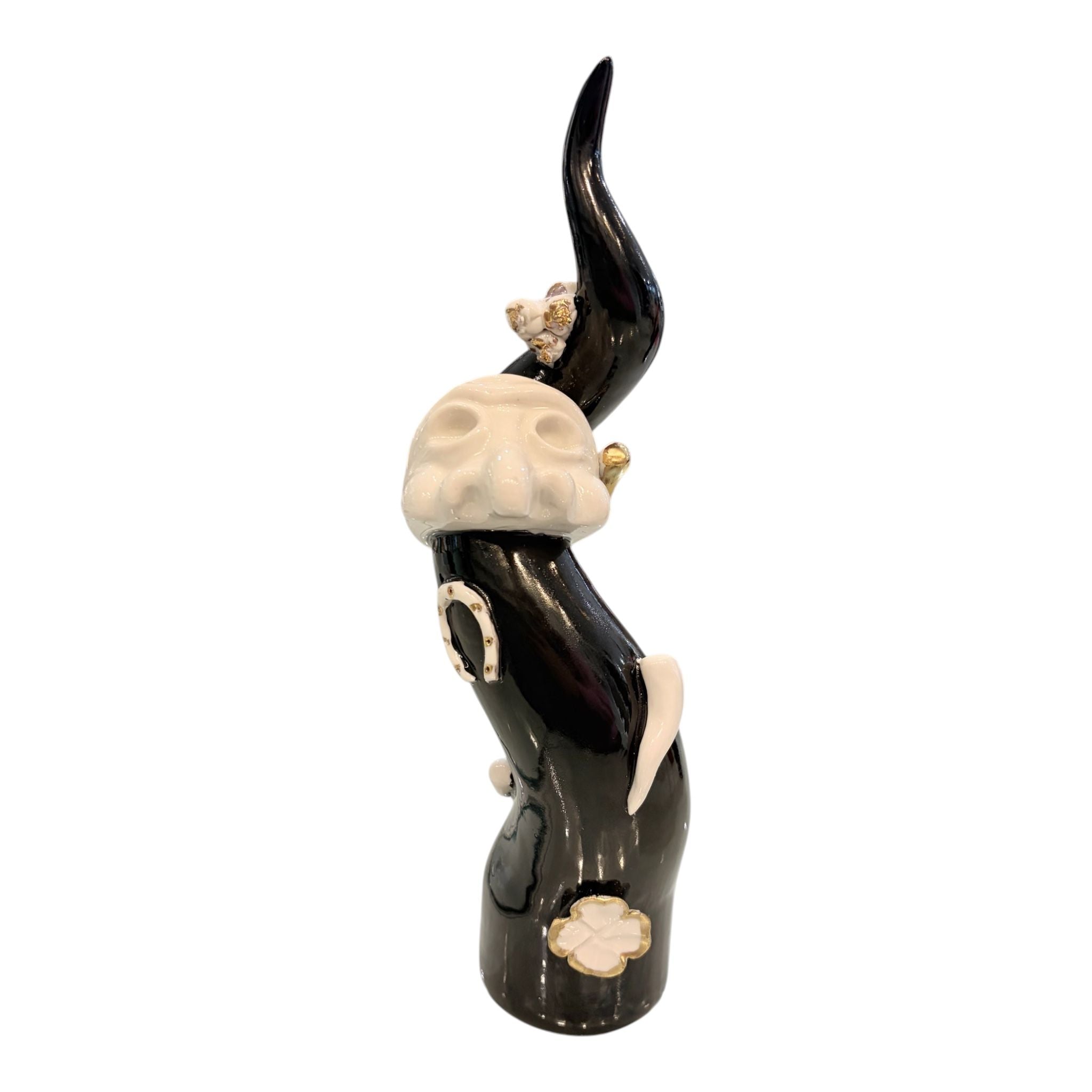 Corno in Porcellana Nera con Decori Oro 27 cm - Porcellane Sbordone