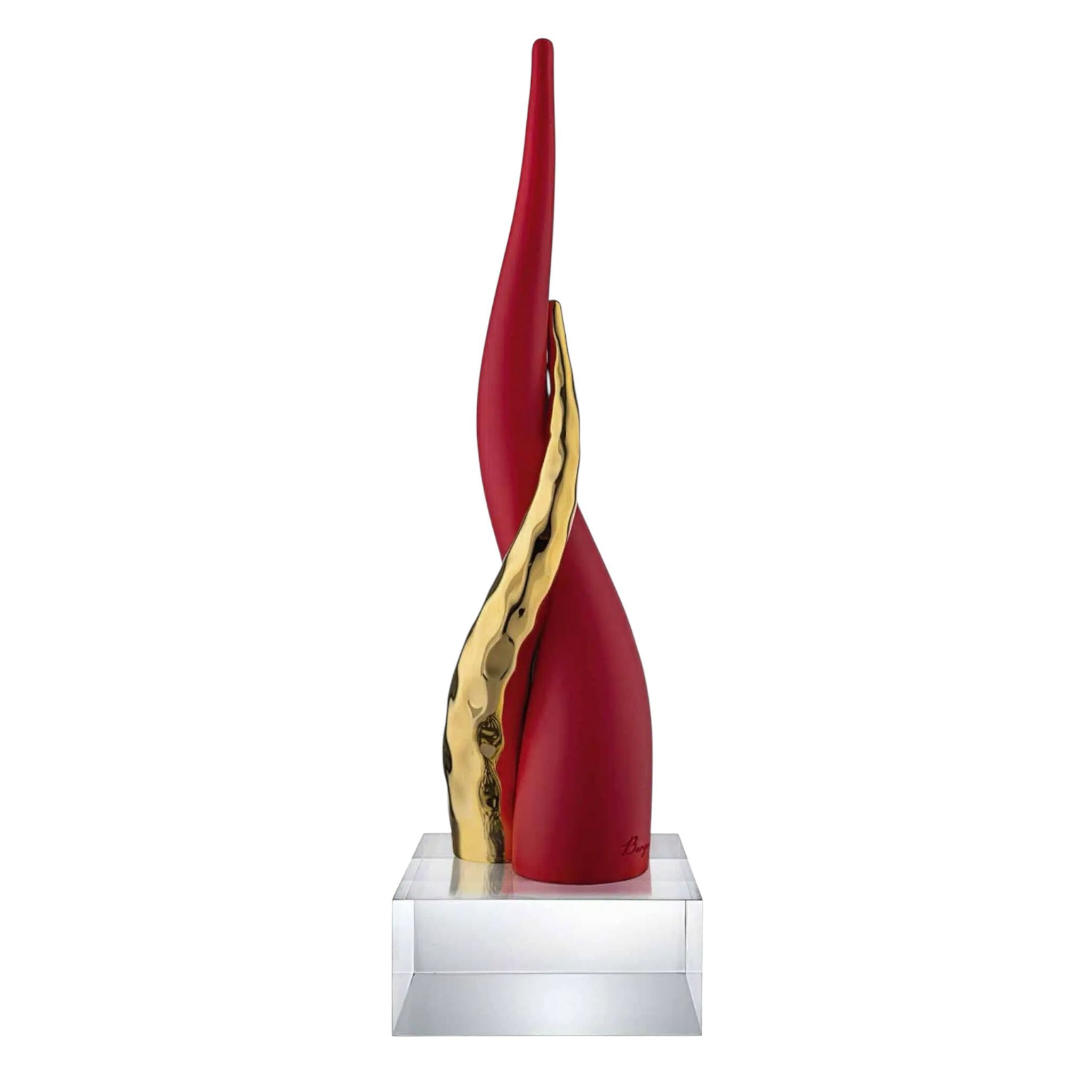 Corno in Marmorino Rosso con Dettaglio Oro Base Cristallo 20 cm - Bongelli Preziosi