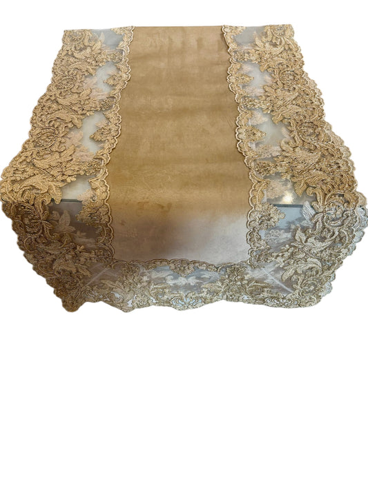 Runner in Velluto Nocciola e Merletto Oro 43x140 cm - Fiori di Lena