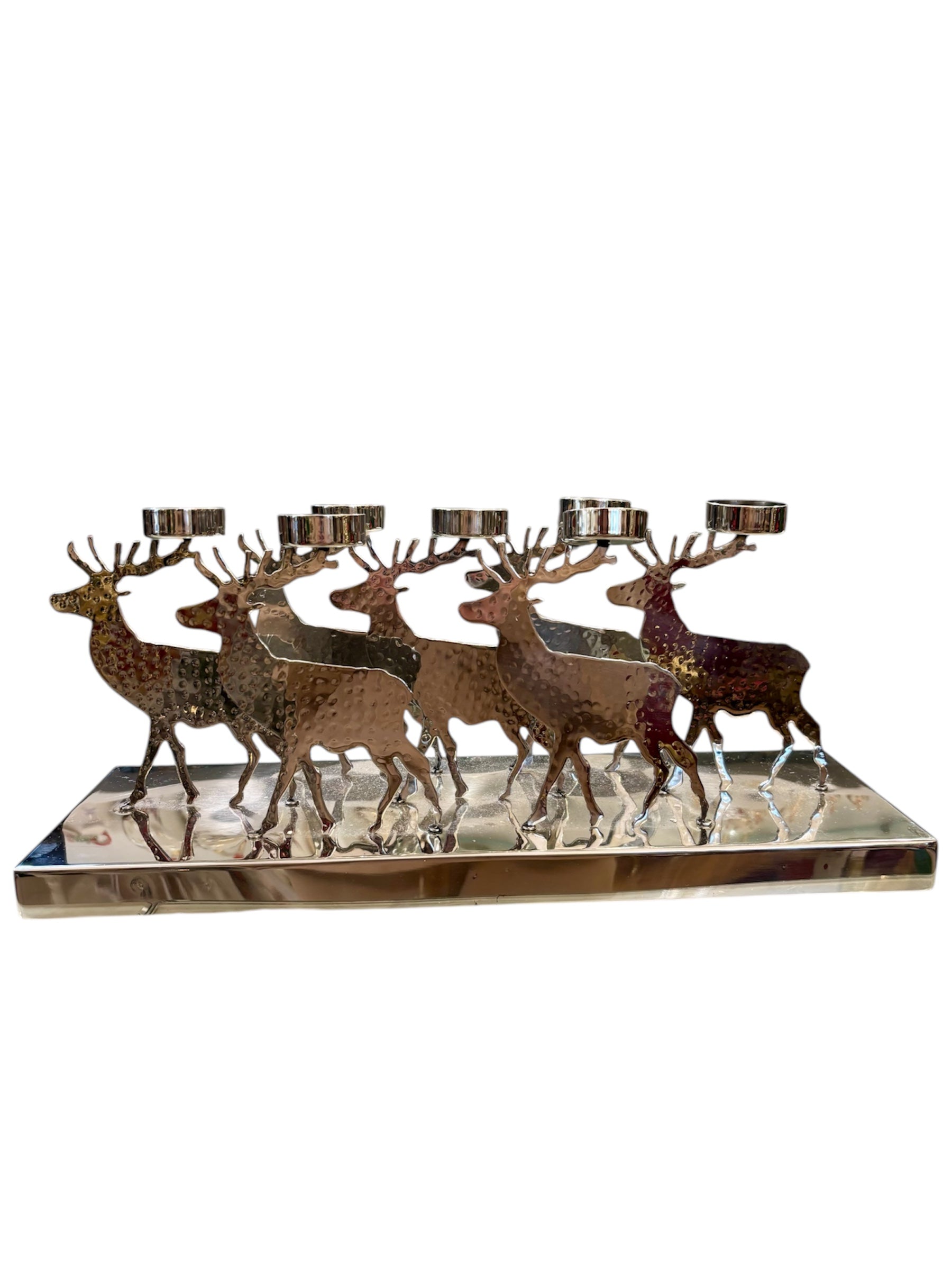 Porta Candele in Metallo Argento con Gregge di Renne