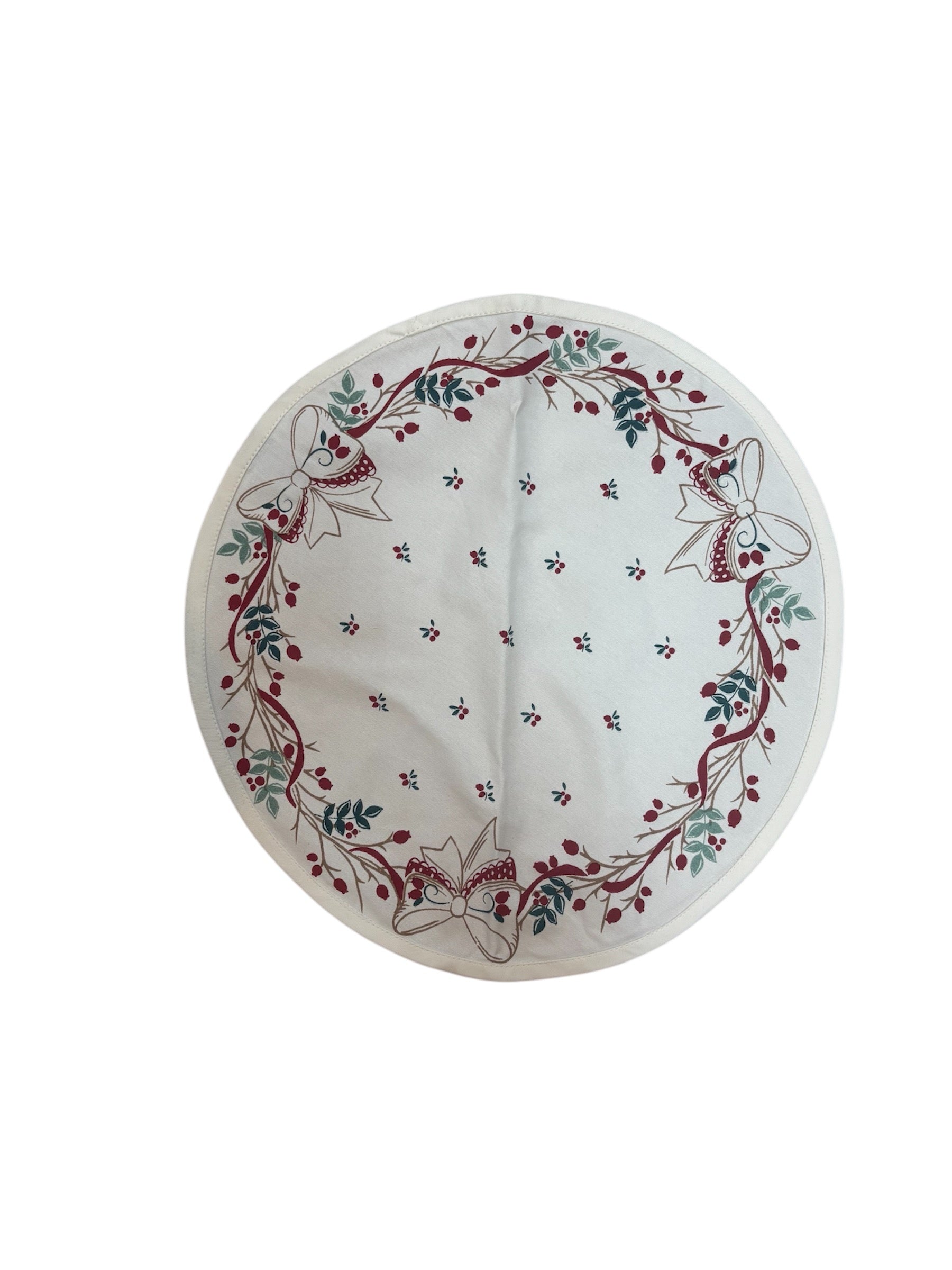 Tovaglietta Tonda Natalizia in Cotone con Disegno di Vischio e Fiocchi