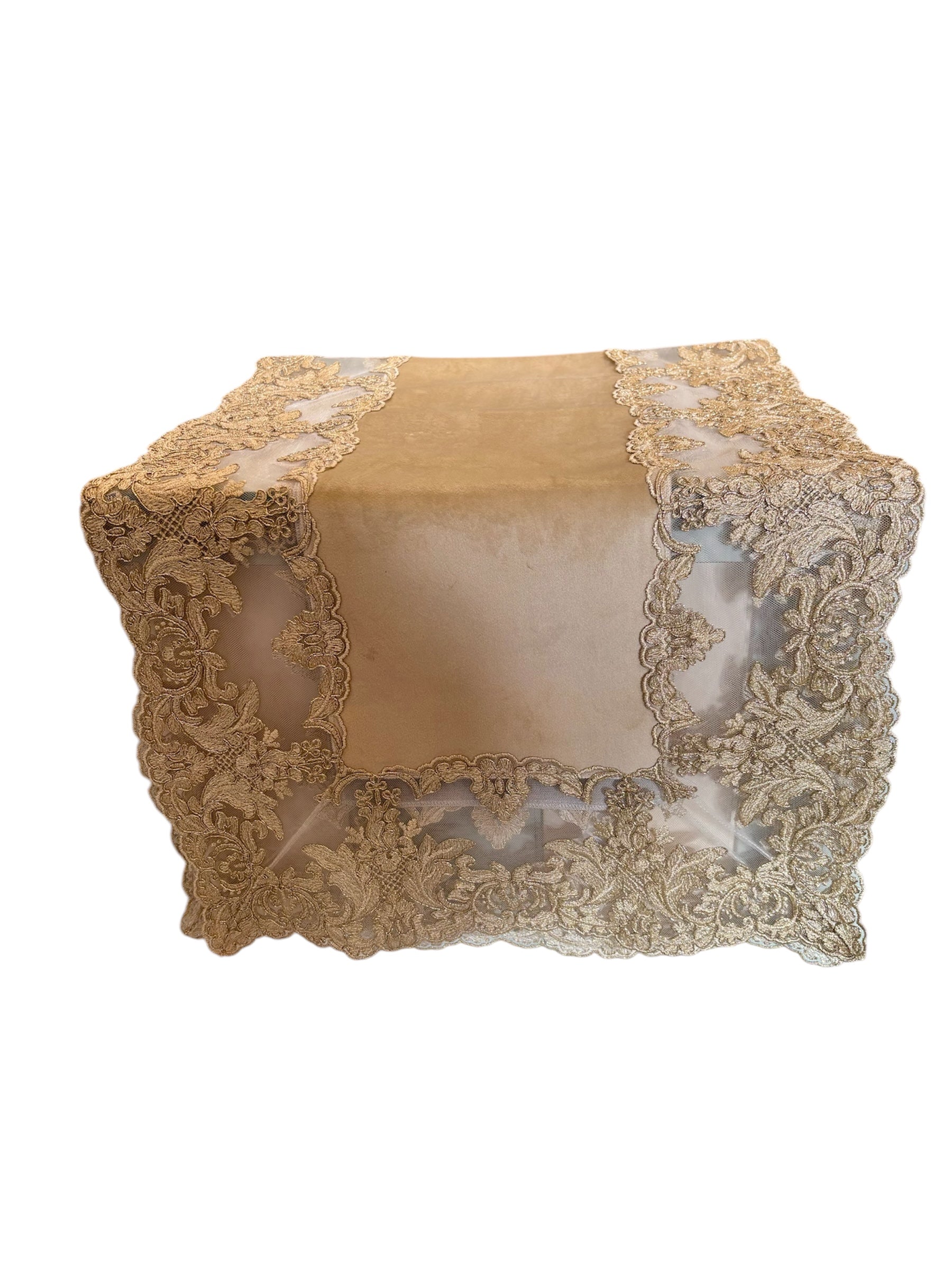 Runner in Velluto Nocciola e Merletto Oro 43x140 cm - Fiori di Lena