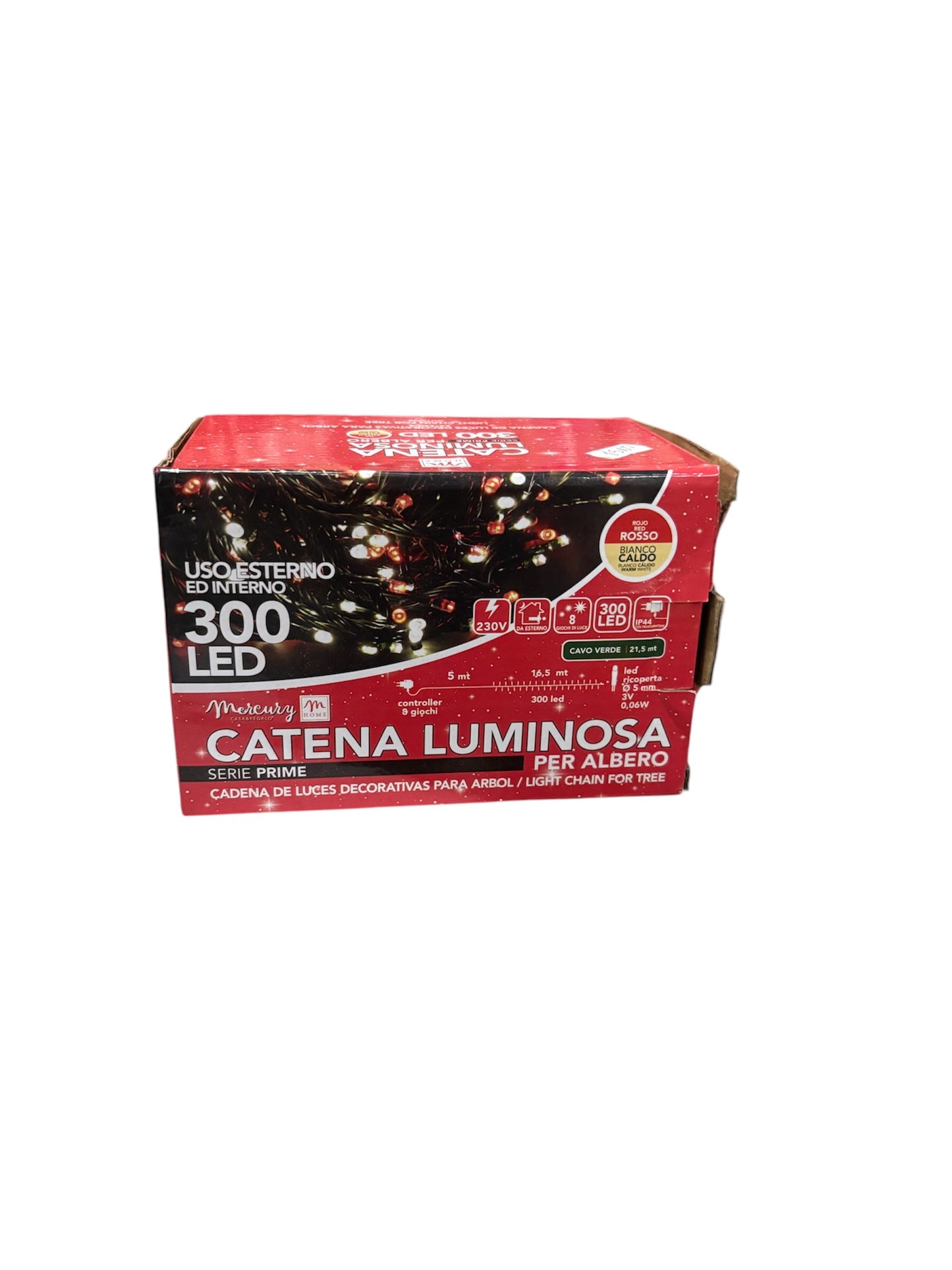 Catena Luminosa 300 LED - 21,5 Metri, Luci Rosse e Bianco Caldo