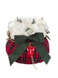 Pouf in Tessuto Tartan con Peonie Bianche e Fiocco Verde 22 h cm