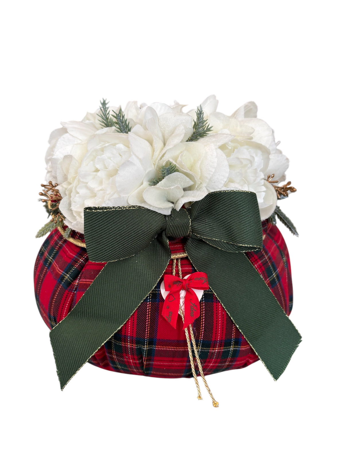 Pouf in Tessuto Tartan con Peonie Bianche e Fiocco Verde 22 h cm