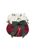Pouf in Tessuto Tartan con Peonie e Fiocco Verde 17 h cm