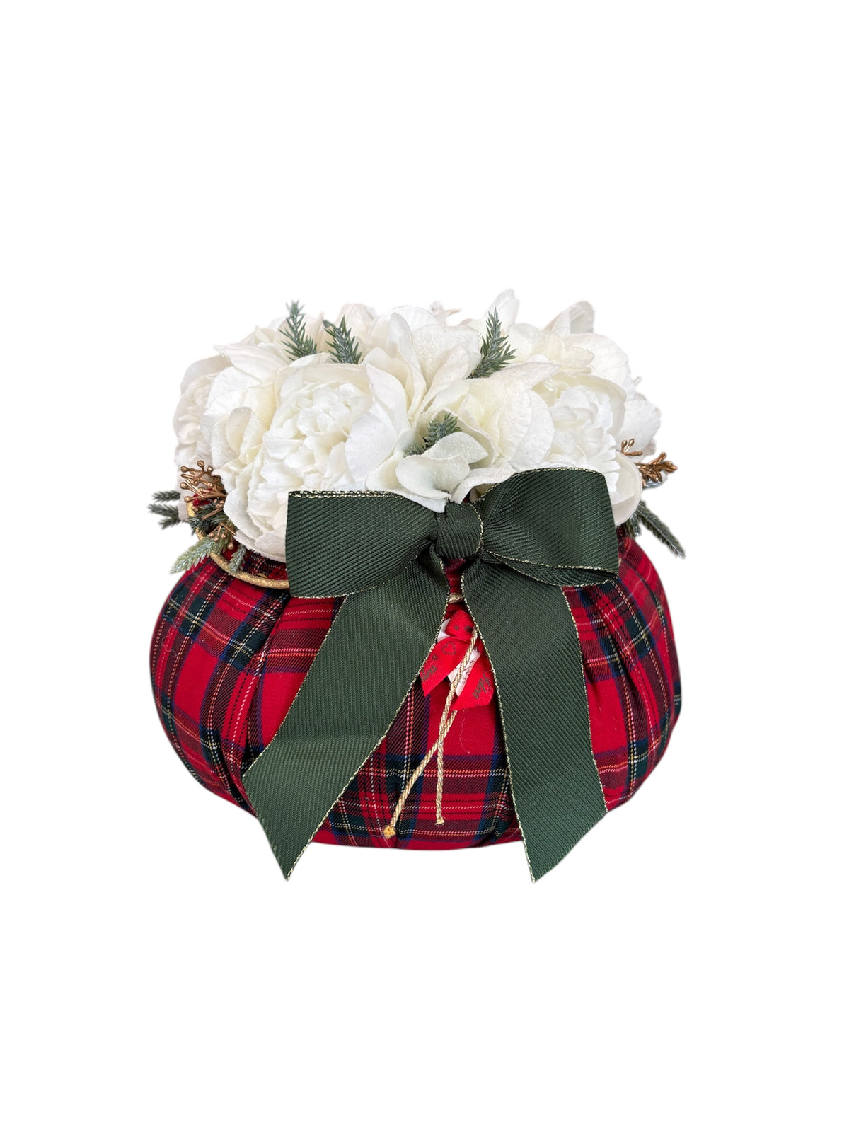 Pouf in Tessuto Tartan con Peonie e Fiocco Verde 17 h cm