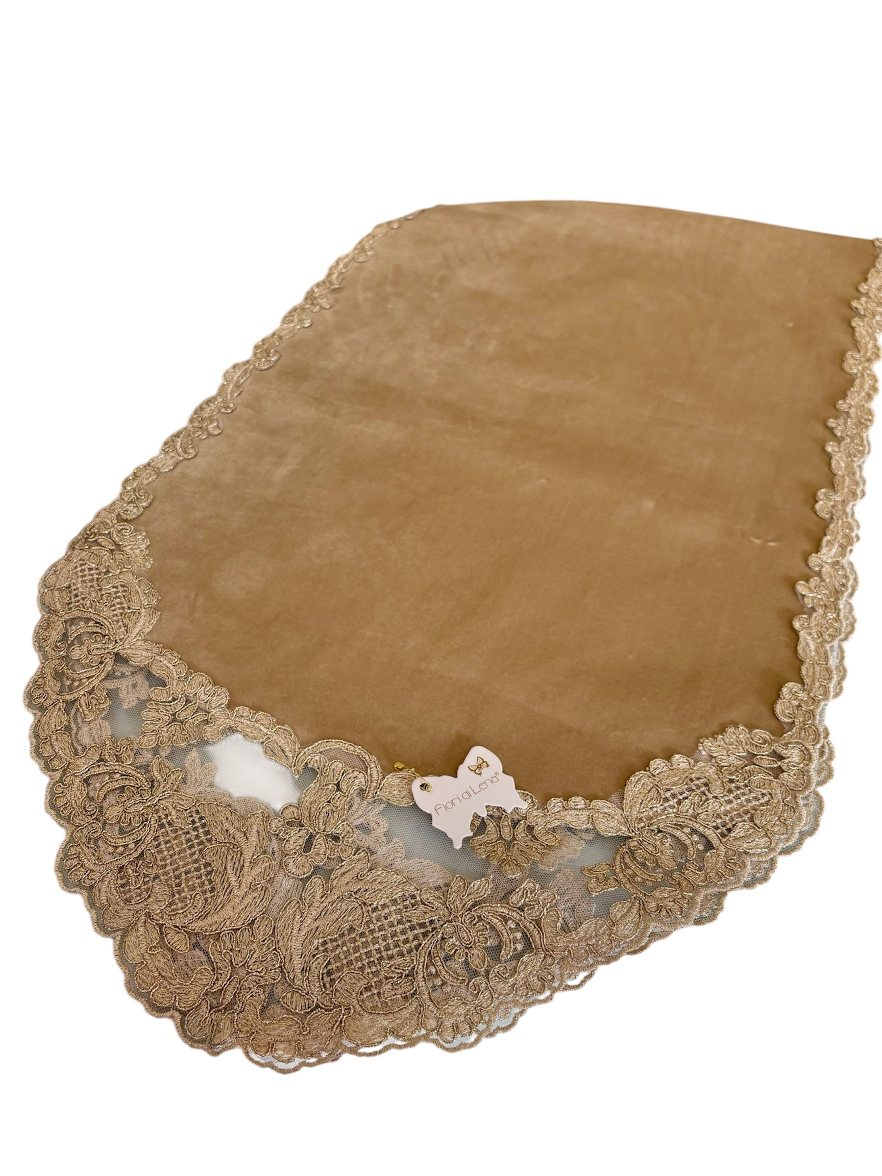 Runner in Velluto Nocciola con Merletto Oro 39x140 cm - Fiori di Lena