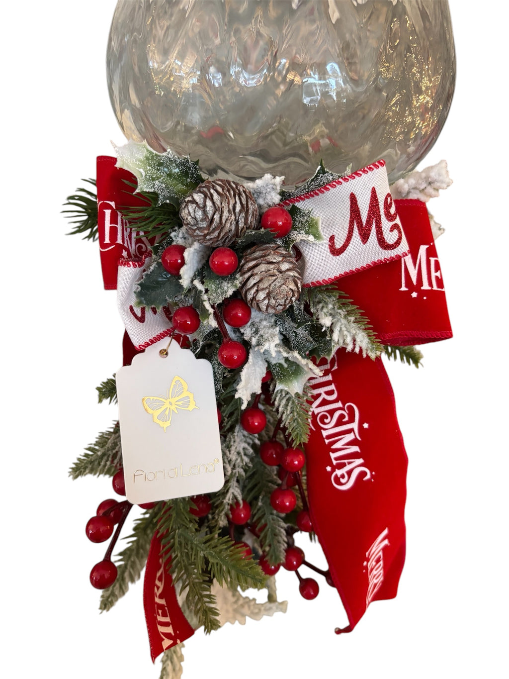 Vaso in Vetro a Coppa con Fiocco Rosso, Foglie di Pino, Bacche e Pigne