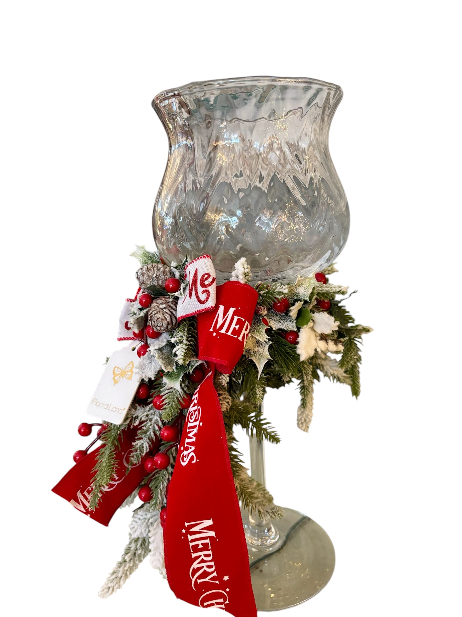 Vaso in Vetro a Coppa con Fiocco Rosso, Foglie di Pino, Bacche e Pigne