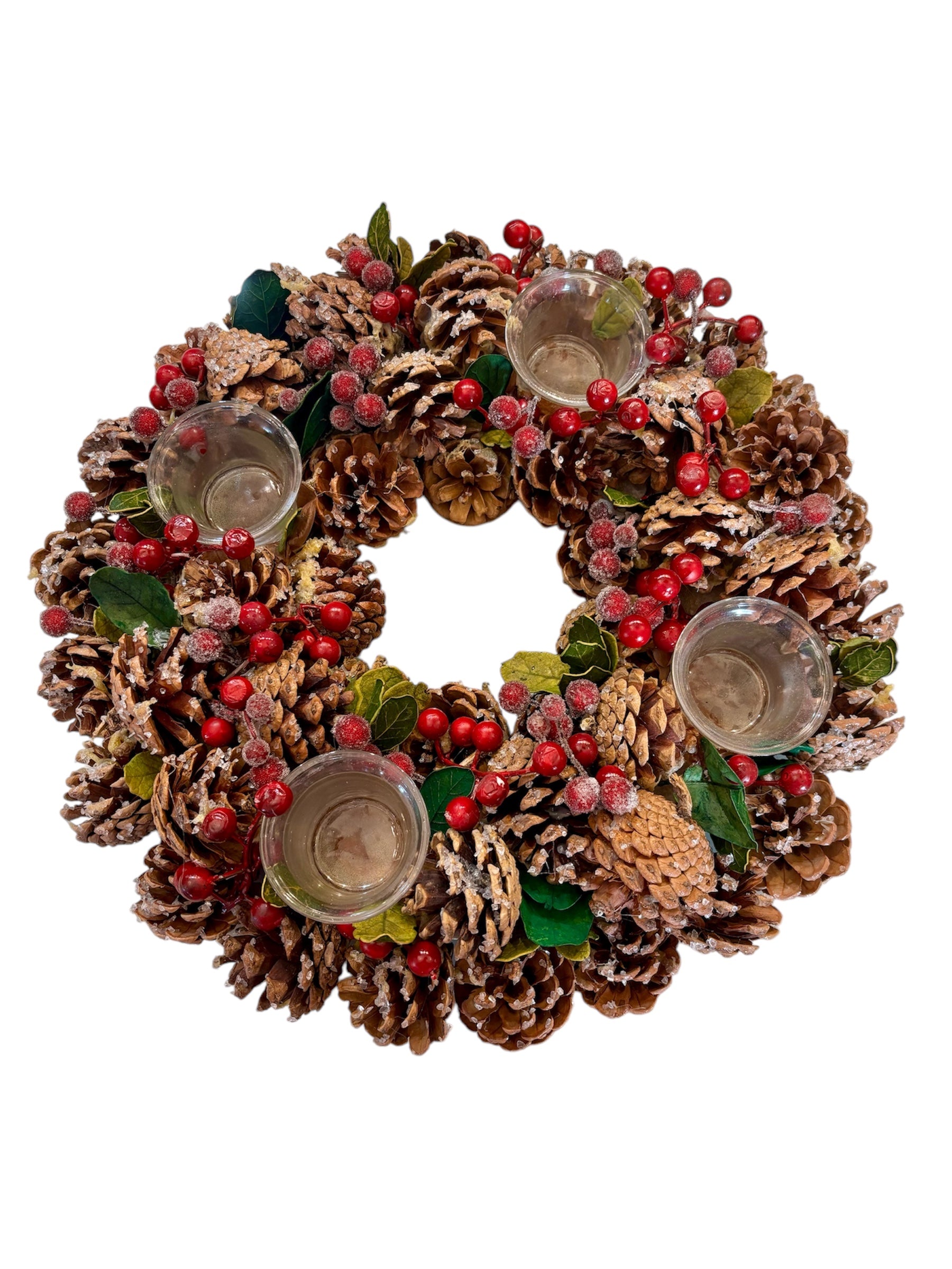 Ghirlanda Natalizia con Pigne e Porta Candele in Vetro 35 cm