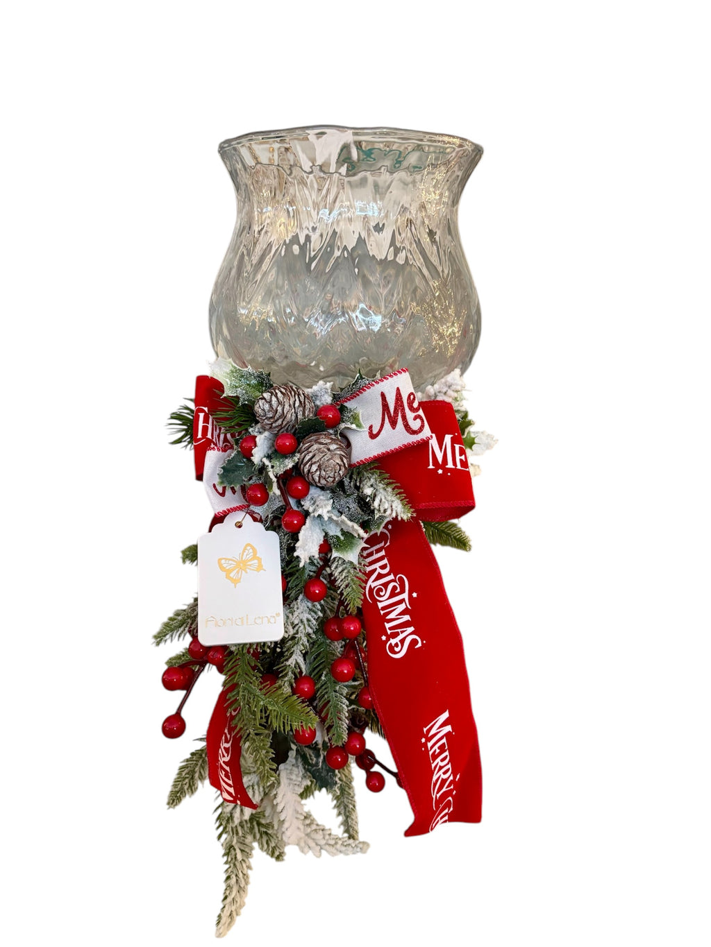 Vaso in Vetro a Coppa con Fiocco Rosso, Foglie di Pino, Bacche e Pigne