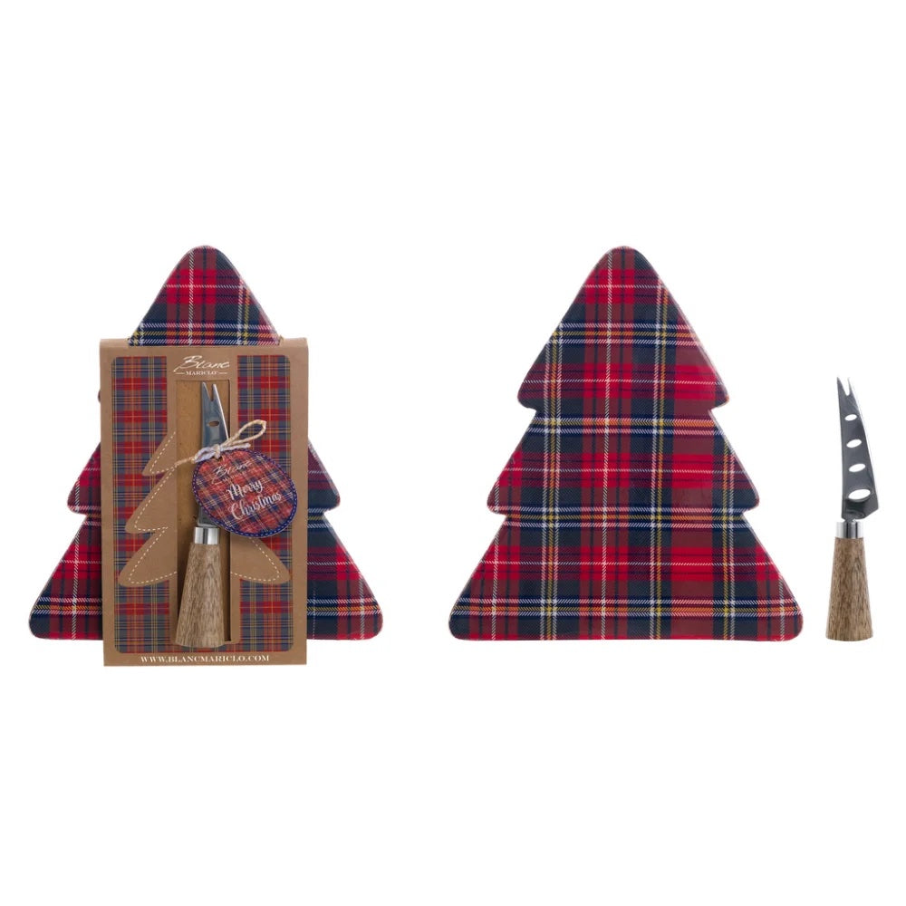 Tagliere Natalizio a Forma di Albero con Fondo Tartan e Coltello