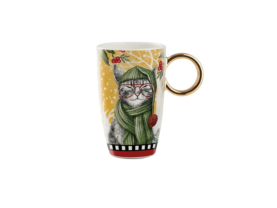 Mug Natalizia con Gattino e Manico Dorato - 440 ml