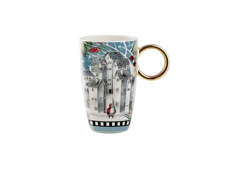 Mug Natalizia con Paesaggio Innevato e Manico Dorato - 440 ml
