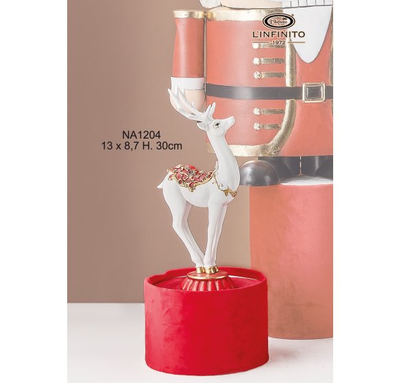 Renna su Piedistallo Bianca con Base Rossa in Resina  30 cm - L'Infinito