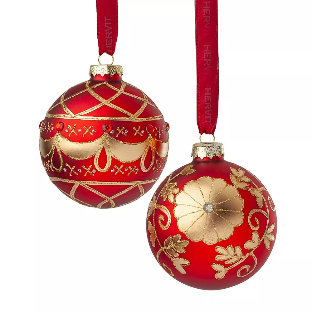 Box Regalo con 2 Sfere Natalizie in Vetro Rosso - Diametro 8 cm