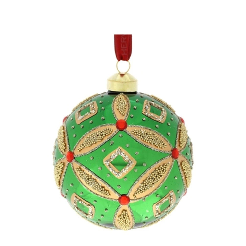 Sfera Natalizia in Vetro Verde Ø12 cm con Perline Oro - Hervit