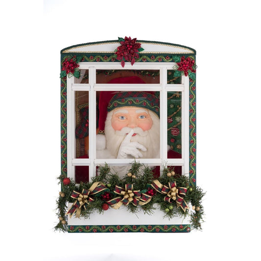 Babbo Natale alla Finestra con Gesto "Shhh" e Ghirlanda Luminosa 70 cm