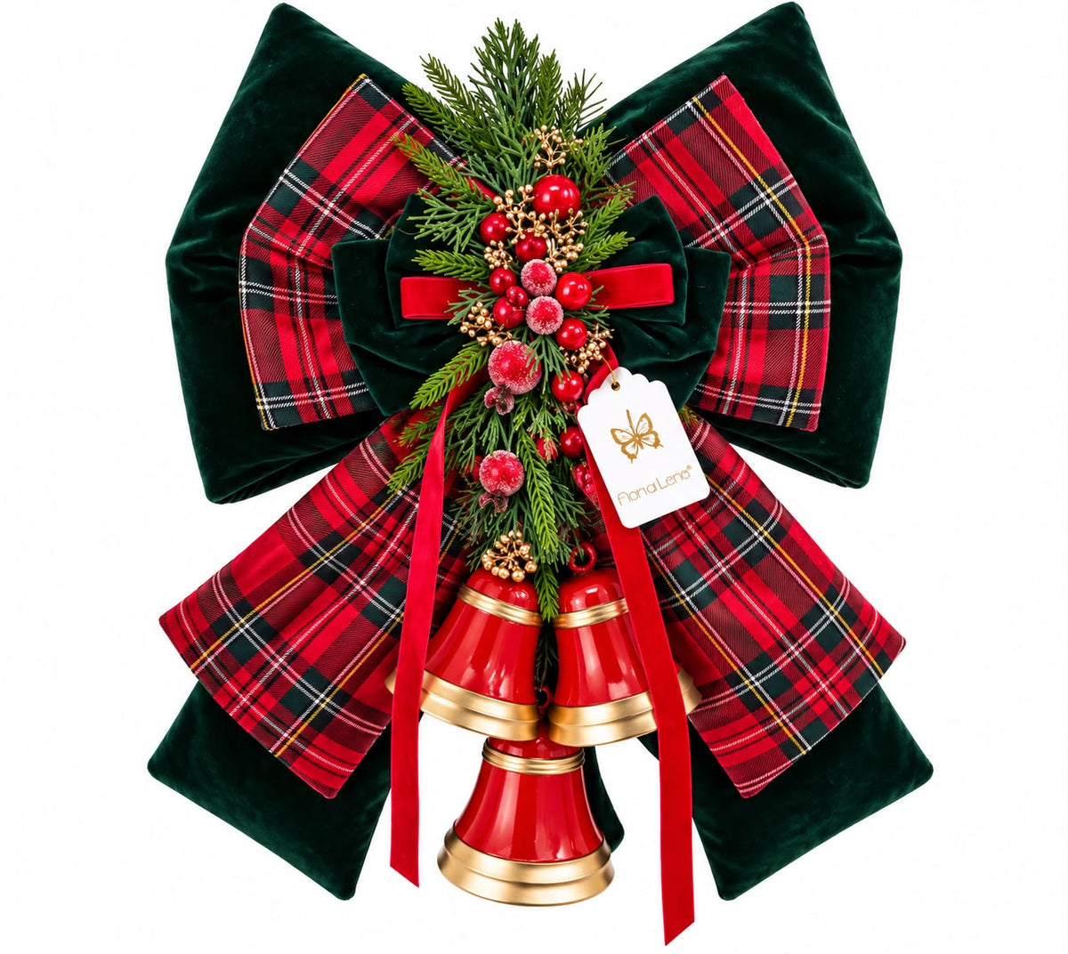 Doppio Fiocco Verde Inglese e Tartan con Campane 48 cm - Fiori di Lena