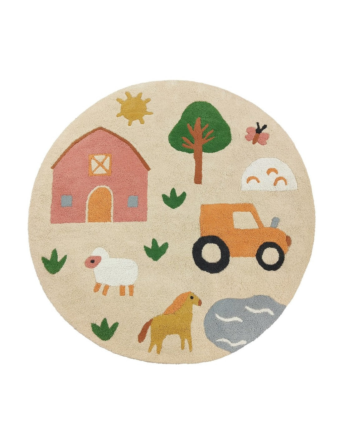 Tappeto Tondo in Cotone con Motivo Campestre 100X100 cm - Blanc Mariclò