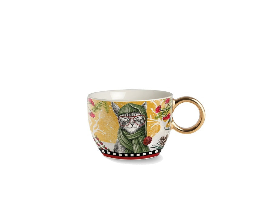 Tazza da Colazione Natalizia con Gattino e Manico Dorato - 530 ml