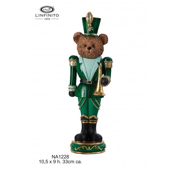 Orsetto Schiaccianoci Verde con Tromba Oro in Resina  33 cm - L'infinito