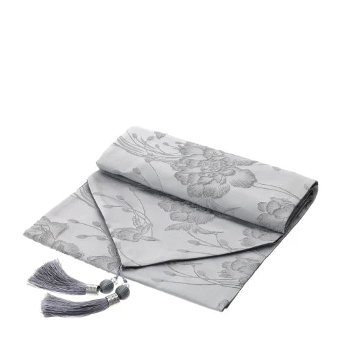 Runner Jacquard Grigio con Rilievo Floreale Argento e Nappine 33x180 cm - Hervit