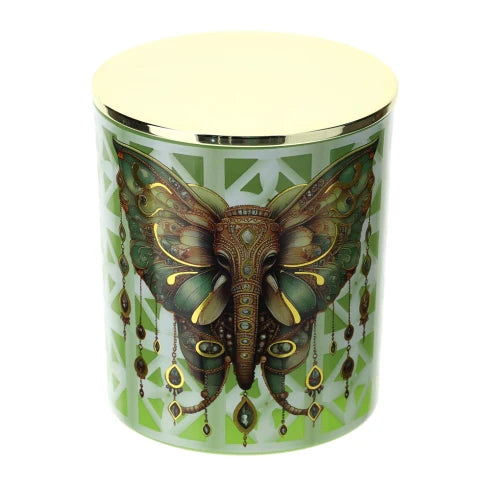Candela Profumata Oud in Vetro con Decori Assortiti e Tappo Oro Ø9x10 cm 300 g - Hervit